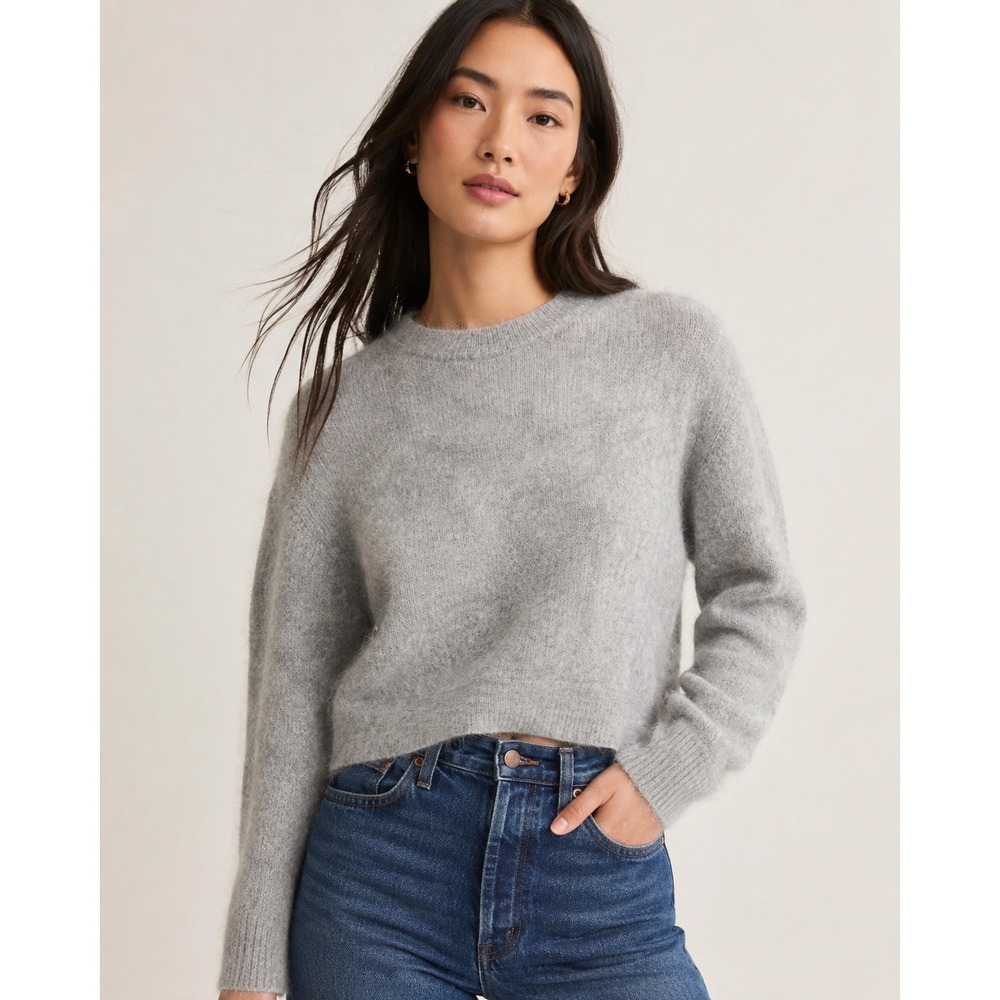 Madewell Womens Gray Fuzzy Raglan‎ Sleeve Crewneck Cropped Knit Sweater Size S